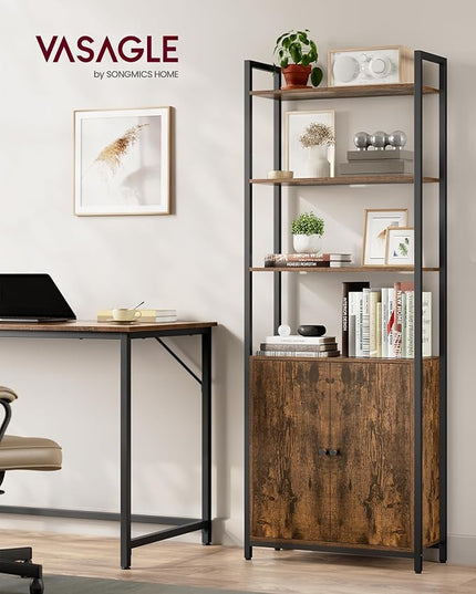 VASAGLE 6-Tier Bookshelf, Tall Bookcase with Door, Steel Frame, Adjustable Shelves, 9.4 x 23.6 x 62.8 Inches, Living Room Bedroom, Rustic Brown and Ink Black ULLS133K01 - LeafyLoom