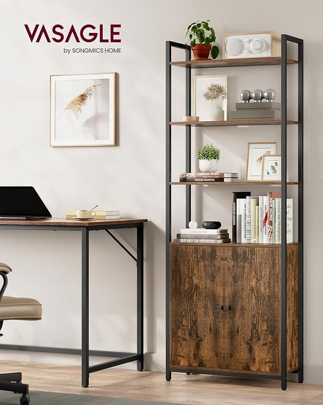 VASAGLE 6-Tier Bookshelf, Tall Bookcase with Door, Steel Frame, Adjustable Shelves, 9.4 x 23.6 x 62.8 Inches, Living Room Bedroom, Rustic Brown and Ink Black ULLS133K01 - LeafyLoom
