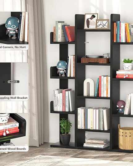 Aheaplus Bookshelf, Tree-Shaped Bookcase Storage Shelf with 13 compartments, Books Organizer Display Cube Shelves, Industrial Free Floor Standing Wood Open Bookshelves, Black - LeafyLoom