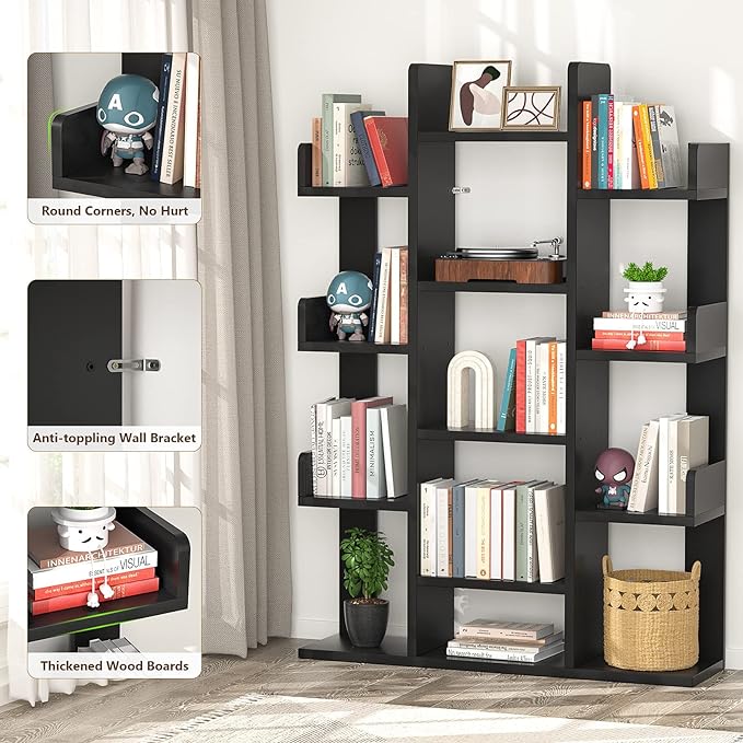 Aheaplus Bookshelf, Tree-Shaped Bookcase Storage Shelf with 13 compartments, Books Organizer Display Cube Shelves, Industrial Free Floor Standing Wood Open Bookshelves, Black - LeafyLoom
