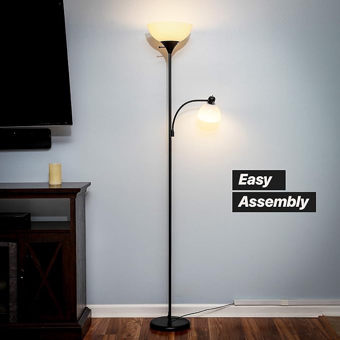 Brightech Sky Dome Plus LED Floor lamp, Torchiere Super Bright Floor Lamp with Reading Lamp for Living Rooms & Offices - Dimmable Tall Standing Lamp for Bedroom Reading - Black - LeafyLoom