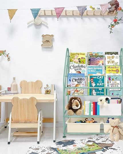 aboxoo Metal Kids Bookshelf Green Bookcase Freestanding for Children Room 24 in Toy Organizer Green Stable Bookcase Bookstore Library Book Unit Storage - LeafyLoom