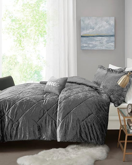 Intelligent Design Queen Comforter Set, Velvet Comforter Set , Luxury Diamond Quilting Comforter Set, Fluffy Comforter Bed Set with Decorative Pillowand 2 Shams, 4 Piece Grey, Full/Queen - LeafyLoom