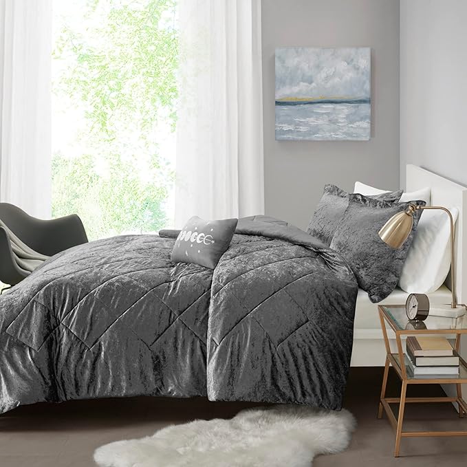 Intelligent Design Queen Comforter Set, Velvet Comforter Set , Luxury Diamond Quilting Comforter Set, Fluffy Comforter Bed Set with Decorative Pillowand 2 Shams, 4 Piece Grey, Full/Queen - LeafyLoom