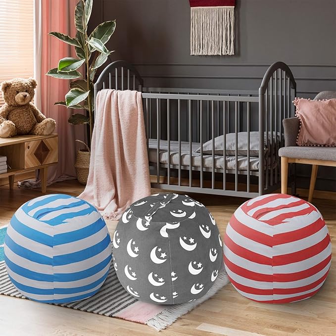 2 PCS Stuffed Animal Storage Bean Bag Chair Cover, Cotton Canvas Beanbag with Zipper for Organizing Kid's and Adults Room Stars Moon 24" - LeafyLoom