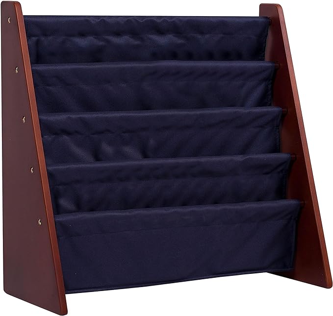 Wildkin Kids Canvas Sling Bookshelf for Boys and Girls, Wooden Design Features Four Fabric Shelves, Keep Bedrooms, Playrooms, and Classrooms Organized, Measures 25 x 24 x 11 Inches (Cherry w/ Blue) - LeafyLoom