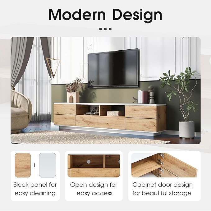 71 Inch TV Stand for TVs up to 80'', Television Stand with Ample Storage Space and Door Rebound Device, Entertainment Center for Living Room, Bedroom, Natural+White - LeafyLoom