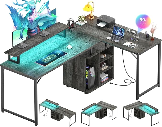 Cyclysio L Shaped Gaming Desk with Wood Cabinet, 58" Large Corner Desk with LED Lights & Power Outlet, Reversible Computer Desk with Monitor Stand, Home Office Desk 2 Person Corner Desk, Grey Oak - LeafyLoom