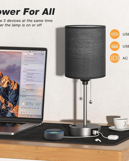 Dicoool Black Table Lamp for Bedroom - 3 Color Temperature Bedside Lamp with USB C and A Ports, Pull Chain Lamp for Bedroom with AC Outlet, Nightstand Lamp with Silver Metal Base for Kids Boys - LeafyLoom