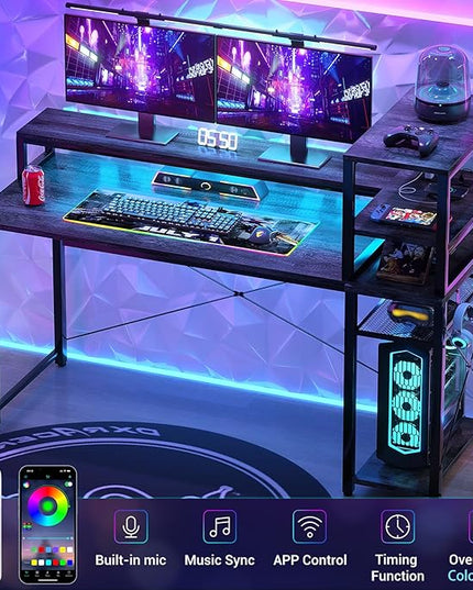 47" Gaming Desk with Storage, Computer Desk with LED Lights, Home Office Desk with Adjustable Shelves & Power Outlets, Gaming Computer Desk with Long Monitor Stand - LeafyLoom