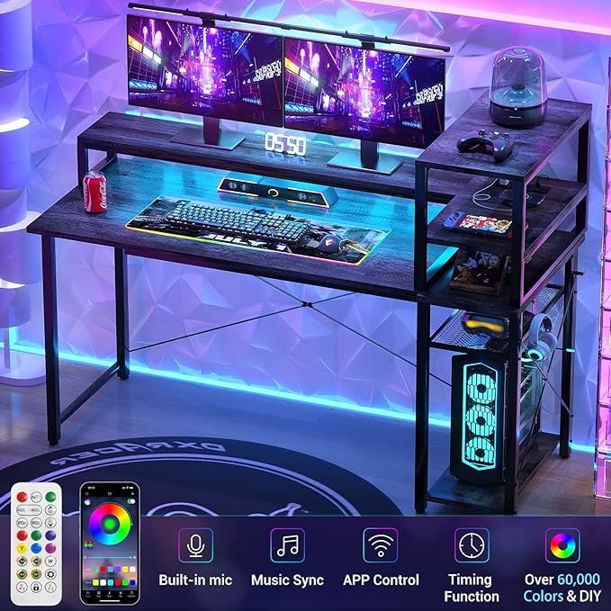 47" Gaming Desk with Storage, Computer Desk with LED Lights, Home Office Desk with Adjustable Shelves & Power Outlets, Gaming Computer Desk with Long Monitor Stand - LeafyLoom