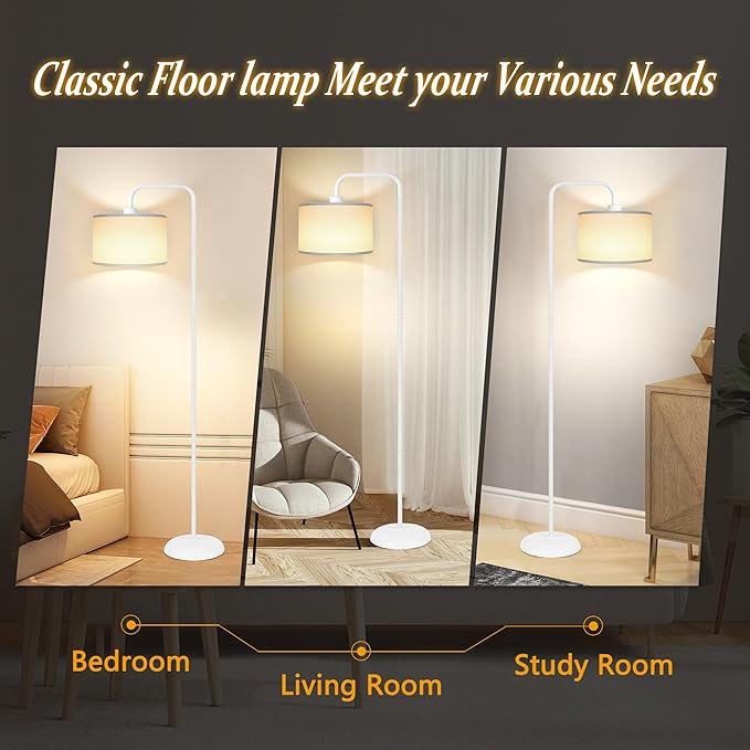 [Upgraded] LED Floor Lamp for Living Room, 3 Color Temperature Floor Lamp with Foot Switch Modern Standing Lamp Tall Pole Floor Reading Lamp for Bedroom, Study Room, Office, 9W Bulb Included, White - LeafyLoom