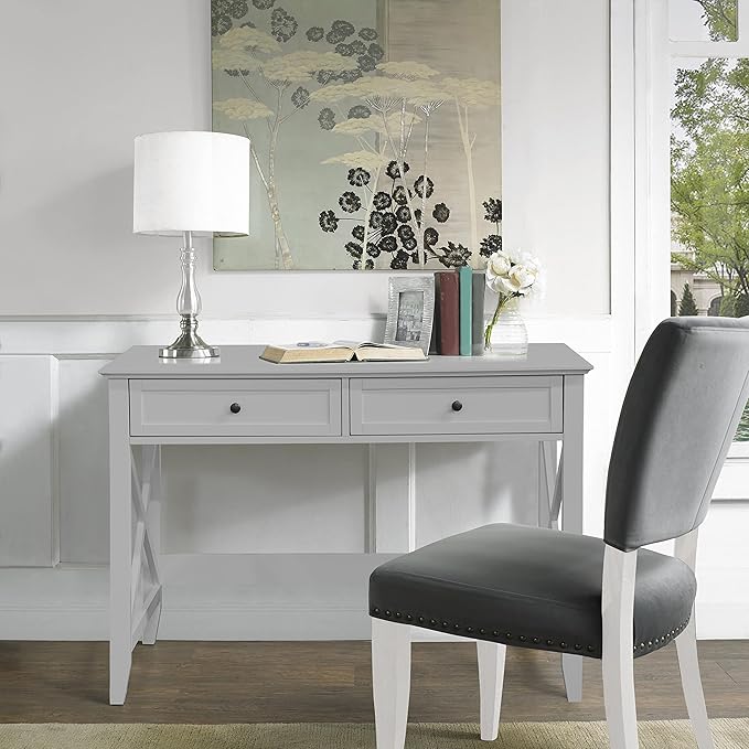 Computer Desk with 2 Drawers, Elegant Home Office Writing Study Desk with Storage, Modern Simple Vanity Desk Console Table for Living Room, Grey - LeafyLoom