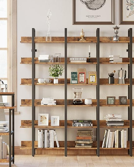 IRONCK Bookcase and Bookshelves Triple Wide 6-Tiers Large Open Shelves, Etagere Bookcases with Back Fence for Home Office Decor, Easy Assembly, Vintage Brown - LeafyLoom