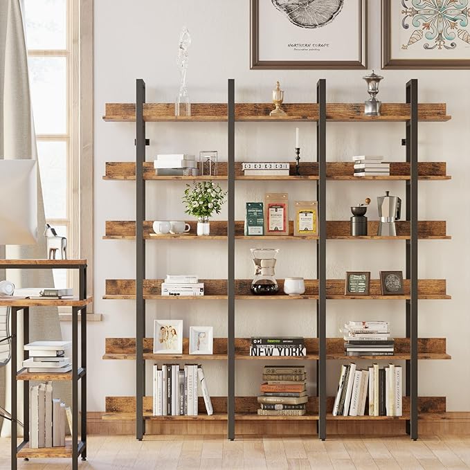 IRONCK Bookcase and Bookshelves Triple Wide 6-Tiers Large Open Shelves, Etagere Bookcases with Back Fence for Home Office Decor, Easy Assembly, Vintage Brown - LeafyLoom