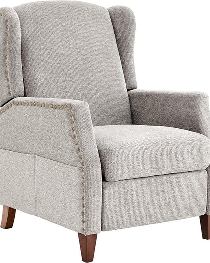 COLAMY Wingback Pushback Recliner Storage Pocket Upholstered Fabric Living Room Chair Armchair, with Wood Legs and Nailhead Trim, Light Grey - LeafyLoom
