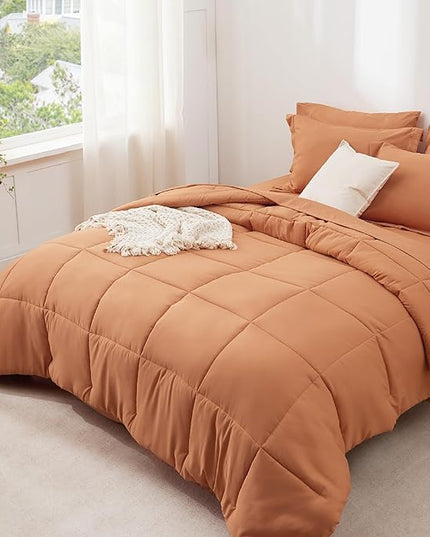Bedsure Burnt Orange Twin Comforter Set - 5 Pieces Solid Twin Bed in a Bag, Twin Bed Set Burnt Orange with Quilted Warm Fluffy Comforters, Sheets, Pillowcase & Sham - LeafyLoom