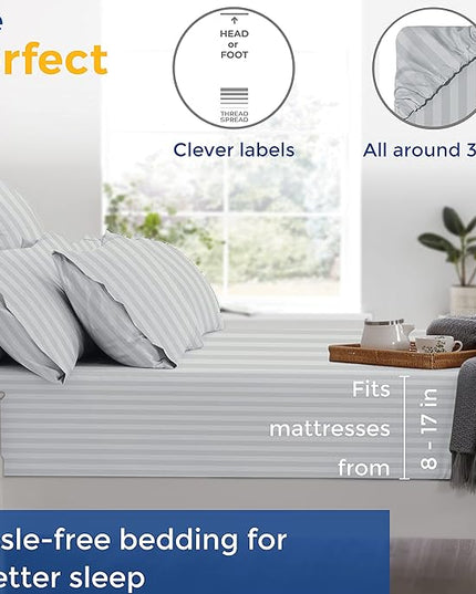 THREAD SPREAD Striped Egyptian Cotton Sheets Twin XL Size - 600 Thread Count 3 PC Damask Twin XL Sheets Deep Pockets, Sateen Weave College Dorm Bedding Twin XL, Fits Mattress upto 18" - Silver Stripe - LeafyLoom