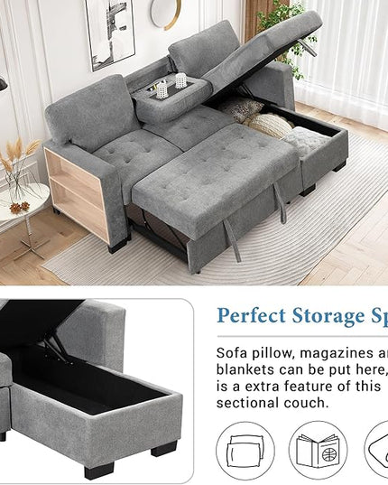85.2“ L-Shape Sectional Sleeper Sofa with Pull out Bed and Drop Down Table, Velvet Upholstered Couch w/Storage Rack in Arm &USB Charge, for Living Room Apartment, 85.2 Inch, Gray - LeafyLoom