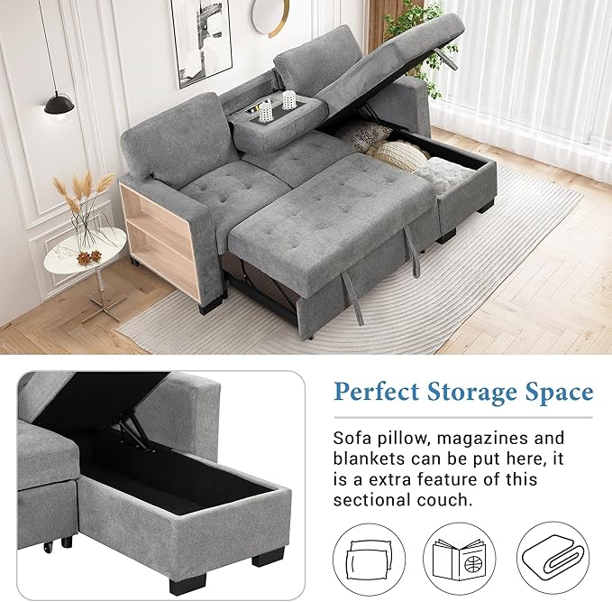 85.2“ L-Shape Sectional Sleeper Sofa with Pull out Bed and Drop Down Table, Velvet Upholstered Couch w/Storage Rack in Arm &USB Charge, for Living Room Apartment, 85.2 Inch, Gray - LeafyLoom