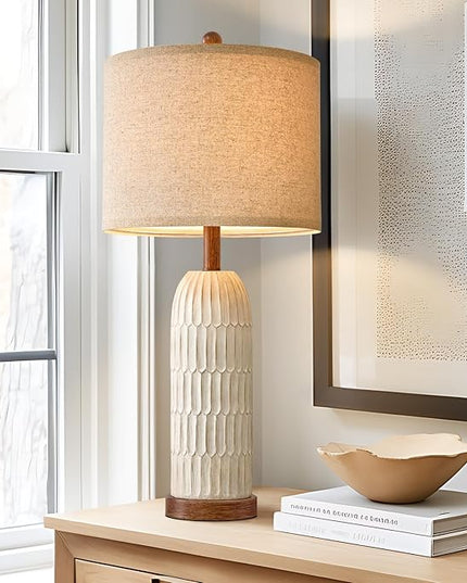 OYEARS 26.5" Table Lamp for Living Room，Bedroom Lamp with USB A+C Charging Ports,Modern Farmhouse Bedside Lamps for Night Stands,Brown and White(1 Pack) - LeafyLoom
