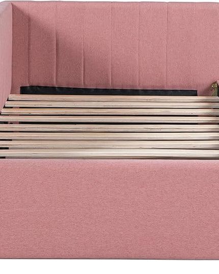 Twin Size Upholstered Linen Daybed with 2 Trundle,Semi-Closed Design,Solid Wood Bed Frame,W/Backrest and Slat Support,No Box Spring Needed,for Apartment Bedroom,Pink - LeafyLoom