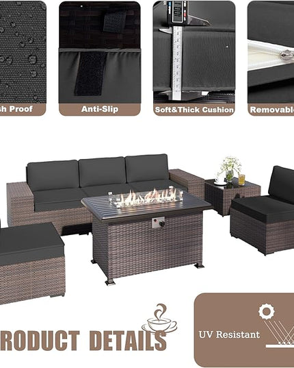 Patio Furniture Sectional Sofa Set 7-Pieces PE Rattan Patio Conversation Set w/43in Gas Fire Pit Table, Outdoor Furniture with 55000 BTU Propane Fire Pit, Black - LeafyLoom