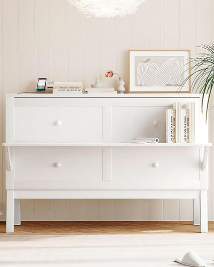 Queen Murphy Bed can be Folded into Low Cabinet with USB Ports, Wooden Platform bedframe with Removable Shelves on Each Side, Space Saving, for Bedroom/Guestroom/Office, White - LeafyLoom
