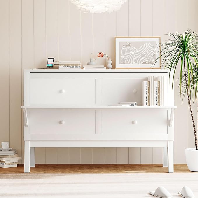 Queen Murphy Bed can be Folded into Low Cabinet with USB Ports, Wooden Platform bedframe with Removable Shelves on Each Side, Space Saving, for Bedroom/Guestroom/Office, White - LeafyLoom