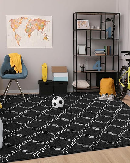 Chicrug Shag Geometric 7x10 Area Rug for Living Room, Large Modern Memory Foam Indoor Carpet, Fluffy Rug for Bedroom Bedside Room Decor for Family Girls Kids Nursery, Black/White - LeafyLoom