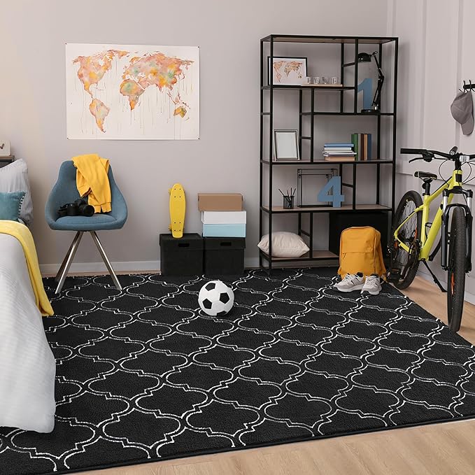 Chicrug Shag Geometric 7x10 Area Rug for Living Room, Large Modern Memory Foam Indoor Carpet, Fluffy Rug for Bedroom Bedside Room Decor for Family Girls Kids Nursery, Black/White - LeafyLoom