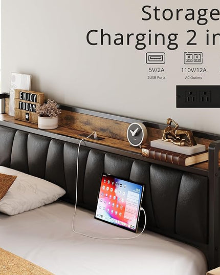 LIKIMIO California King Bed Frame, Storage Headboard with Charging Station, Solid and Stable, Noise Free, No Box Spring Needed, Easy Assembly (Vintage and Black) - LeafyLoom