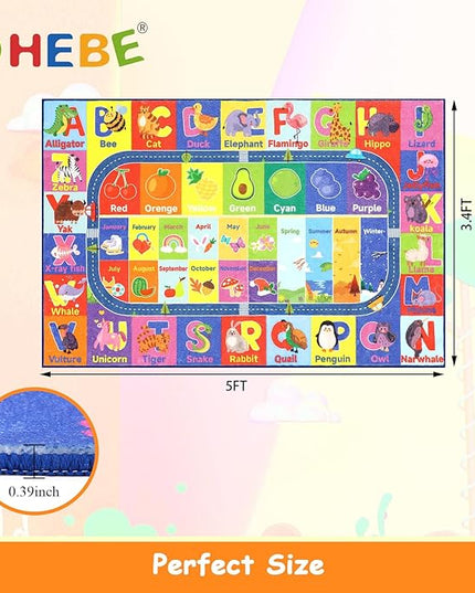 HEBE Kids Play Rug 3'4"x5' ABC Alphabet Numbers Shapes Educational Kid Area Rug Washable Baby Crawling Mat Non Slip Kid Play Mat Carpet for Girl Boy Bedroom Playroom - LeafyLoom