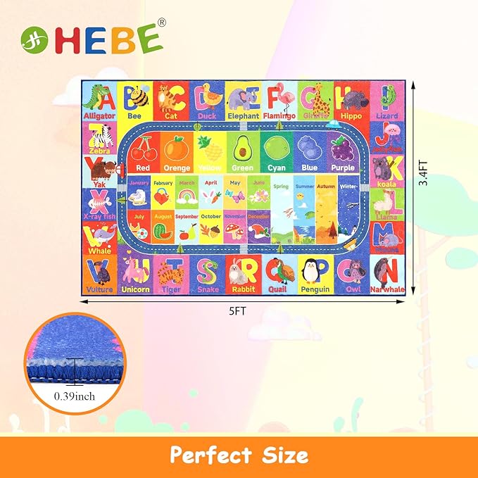 HEBE Kids Play Rug 3'4"x5' ABC Alphabet Numbers Shapes Educational Kid Area Rug Washable Baby Crawling Mat Non Slip Kid Play Mat Carpet for Girl Boy Bedroom Playroom - LeafyLoom