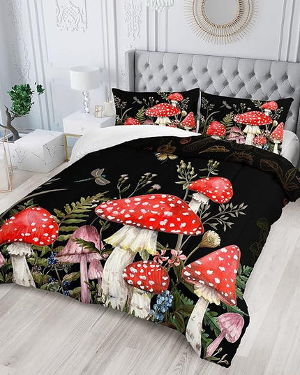 Red Mushroom Kawaii Comforter Set Full Size Kids Mushroom Dragonfly Bedding Set Botanical Plant Theme Print Quilt Bed Set for Boys Girls Adults with 1 Comforter and 2 Pillowcases - LeafyLoom