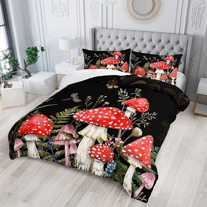 Red Mushroom Kawaii Comforter Set Full Size Kids Mushroom Dragonfly Bedding Set Botanical Plant Theme Print Quilt Bed Set for Boys Girls Adults with 1 Comforter and 2 Pillowcases - LeafyLoom