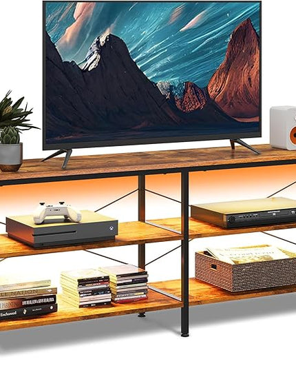 WLIVE TV Stand up to 70 Inch TV, 63" Entertainment Center with LED, TV Media Console with 3-Tier Storage Shelves for Living Room and Bedroom, Rustic Brown - LeafyLoom