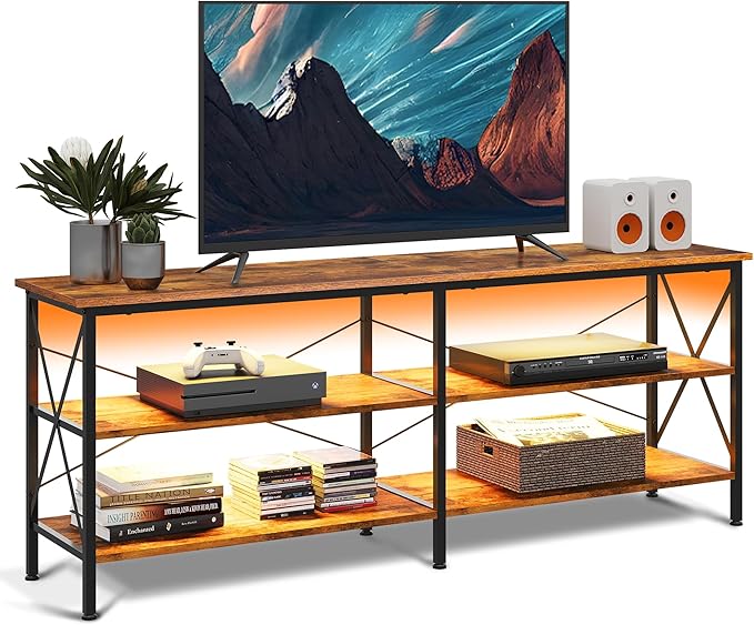 WLIVE TV Stand up to 70 Inch TV, 63" Entertainment Center with LED, TV Media Console with 3-Tier Storage Shelves for Living Room and Bedroom, Rustic Brown - LeafyLoom