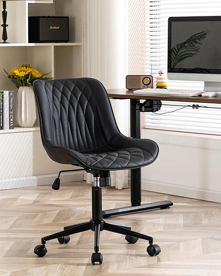 YOUNIKE Desk Chair with Wheels Armless Office Chair Swivel Rolling Task Chair with Back Upholstered Faux Leather Computer Chair Height Adjustable Modern Ergonomic Seat, Loads 300 lbs, Black - LeafyLoom