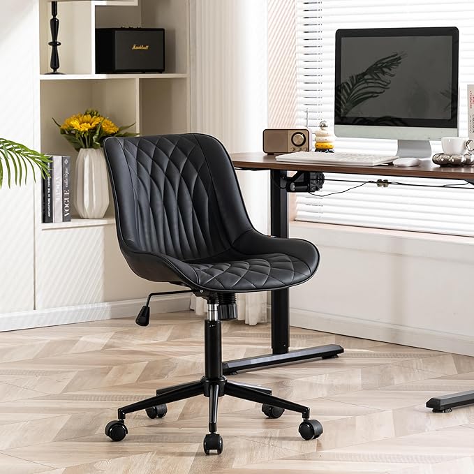 YOUNIKE Desk Chair with Wheels Armless Office Chair Swivel Rolling Task Chair with Back Upholstered Faux Leather Computer Chair Height Adjustable Modern Ergonomic Seat, Loads 300 lbs, Black - LeafyLoom