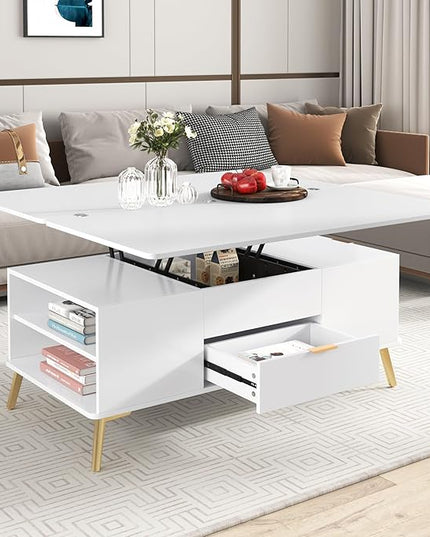 47 Inch Lift Top Coffee Table with 4 Drawers, Modern Center Table with Extendable Tabletop and Open Shelf, Multi Functional Coffee Table for Living Room, White - LeafyLoom