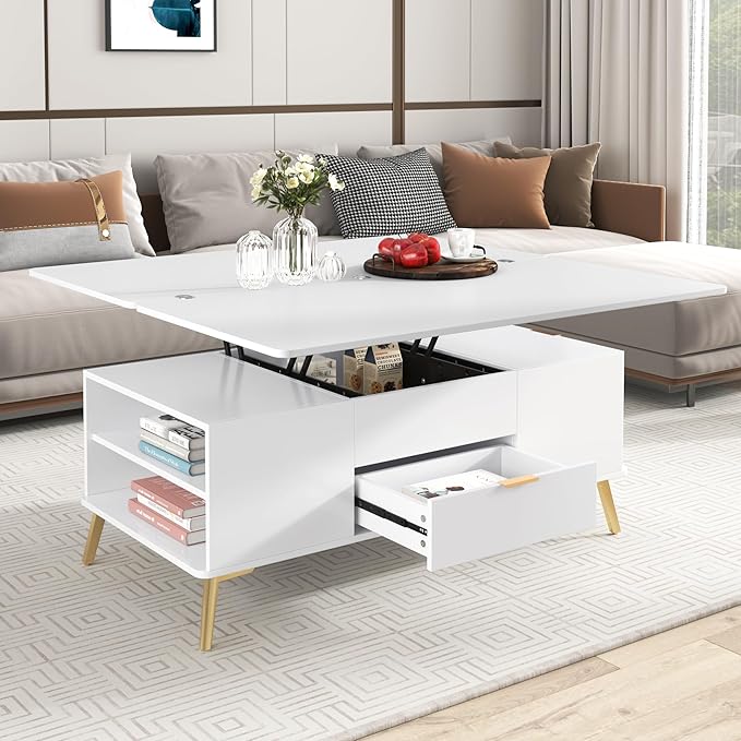 47 Inch Lift Top Coffee Table with 4 Drawers, Modern Center Table with Extendable Tabletop and Open Shelf, Multi Functional Coffee Table for Living Room, White - LeafyLoom