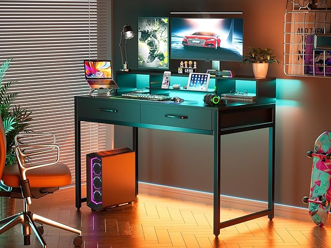 Computer Desk with Drawers, 47" Home Office Desk with Monitor Shelf, Writing Desk with Storage, Gaming Desk Work Desk Study Desk for Bedroom, Black - LeafyLoom