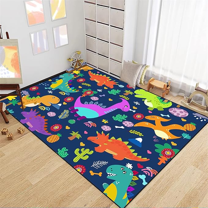 Dinosaur Rugs for Boys Bedroom Dinosaur Play Rug Kids Room Rug Dinosaur Area Rug Cartoon Dinosaur Carpet Cute Dinosaur Mat Dinosaur Rug for Living Room Bedroom Playroom, Blue 3'×5' - LeafyLoom