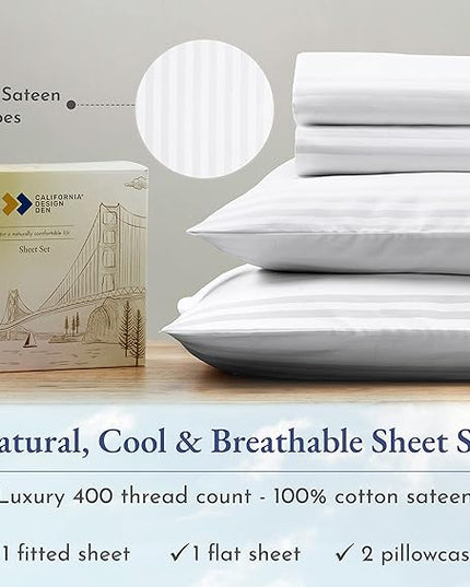 California Design Den Striped Sheets for Full Size Bed, Soft 100% Cotton Sheets, Luxury 400 Thread Count Sateen, 4 Piece Deep Pocket Cooling Sheets Set (White Sheets) - LeafyLoom