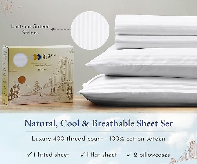 California Design Den Striped Sheets for King Size Bed, Soft 100% Cotton Sheets, Luxury 400 Thread Count Sateen, 4 Piece Deep Pocket Cooling Sheets Set (White Sheets) - LeafyLoom