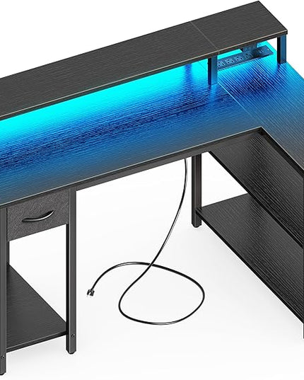 SUPERJARE 47 inch Reversible L Shaped Desk with LED Lights & Power Outlets, Computer Desk with Shelves & Monitor Stand, Gaming Desk with Drawer, Home Office Desk Corner Desk, Black - LeafyLoom
