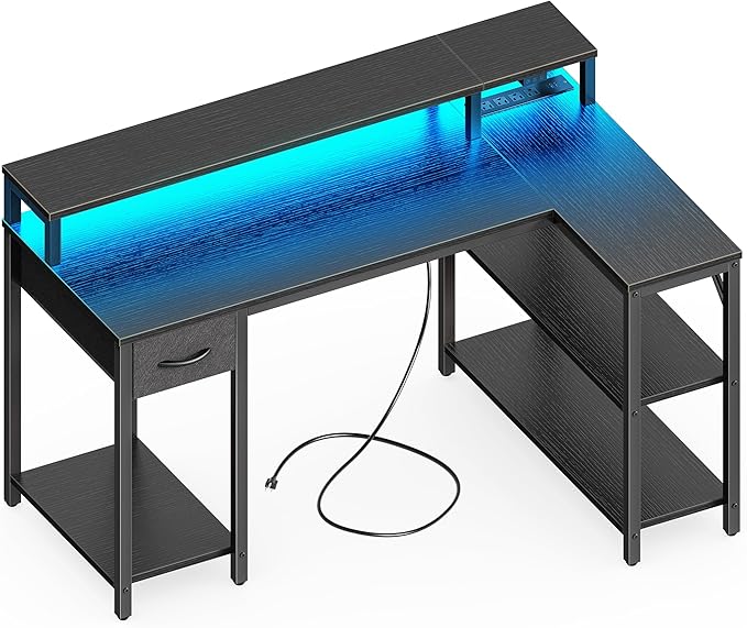 SUPERJARE 47 inch Reversible L Shaped Desk with LED Lights & Power Outlets, Computer Desk with Shelves & Monitor Stand, Gaming Desk with Drawer, Home Office Desk Corner Desk, Black - LeafyLoom