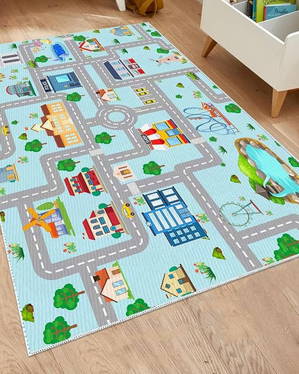 Kids Car Rug, 3x5 City Life Traffic Road Playmat for Toy Cars Trains, Non-Slip Race Track Carpet Educational Fun Area Rugs for Boy and Girl Bedroom Nursery - LeafyLoom