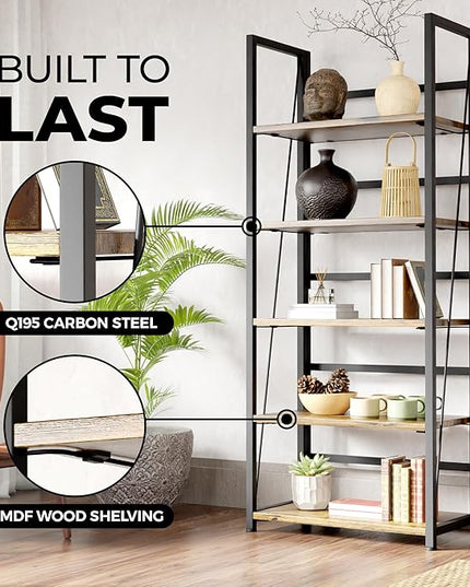 5 Tier Wood Book Shelf Organizer, No Assembly Bookshelf for Bedroom Living Room Office, Rustic Foldable Book Case, Tall Bookshelves, Open Book Shelves, Decorative Folding Shelf Display, Tall Bookcase - LeafyLoom